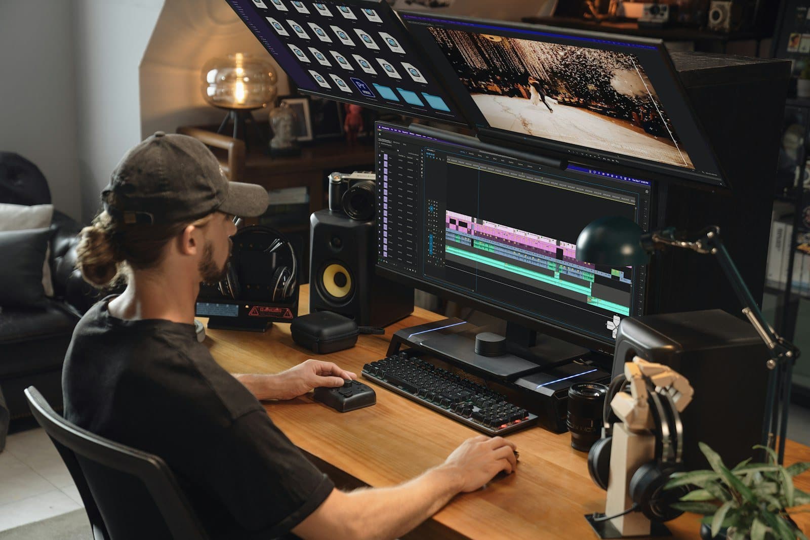 An editor working on a timeline at a dark editing desk